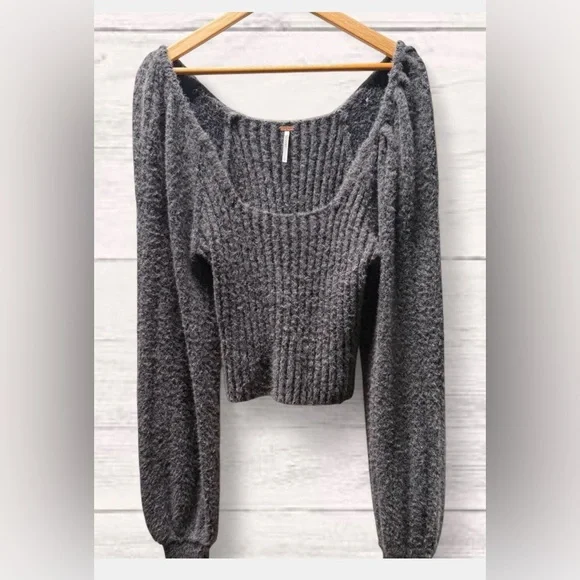 Dark Grey Free People Katie Mix Stitch Square Neck Sweater, size L. - Picture 2 of 5